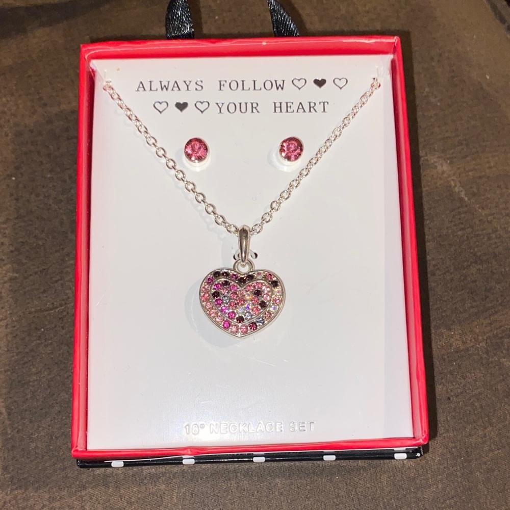 Heart Pendant Necklace and Earring Set - Pink and Silver